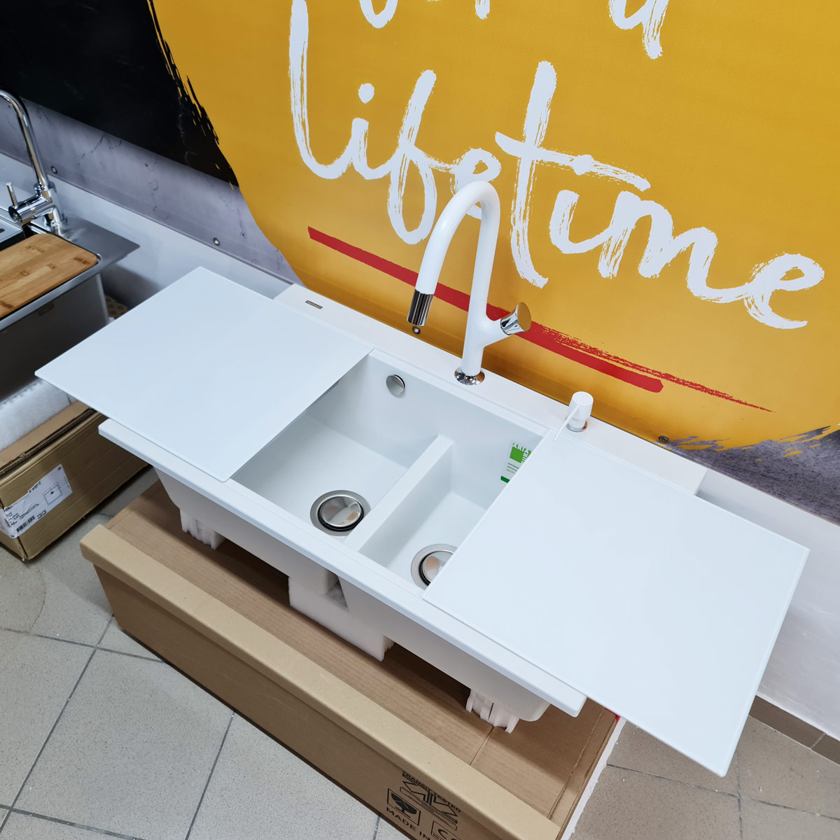 Chiuveta-Bucatarie-Granit-CookingAid-Kinga-LX8620-Polar-White-Baterie-Parmix-tavita-dozator-2